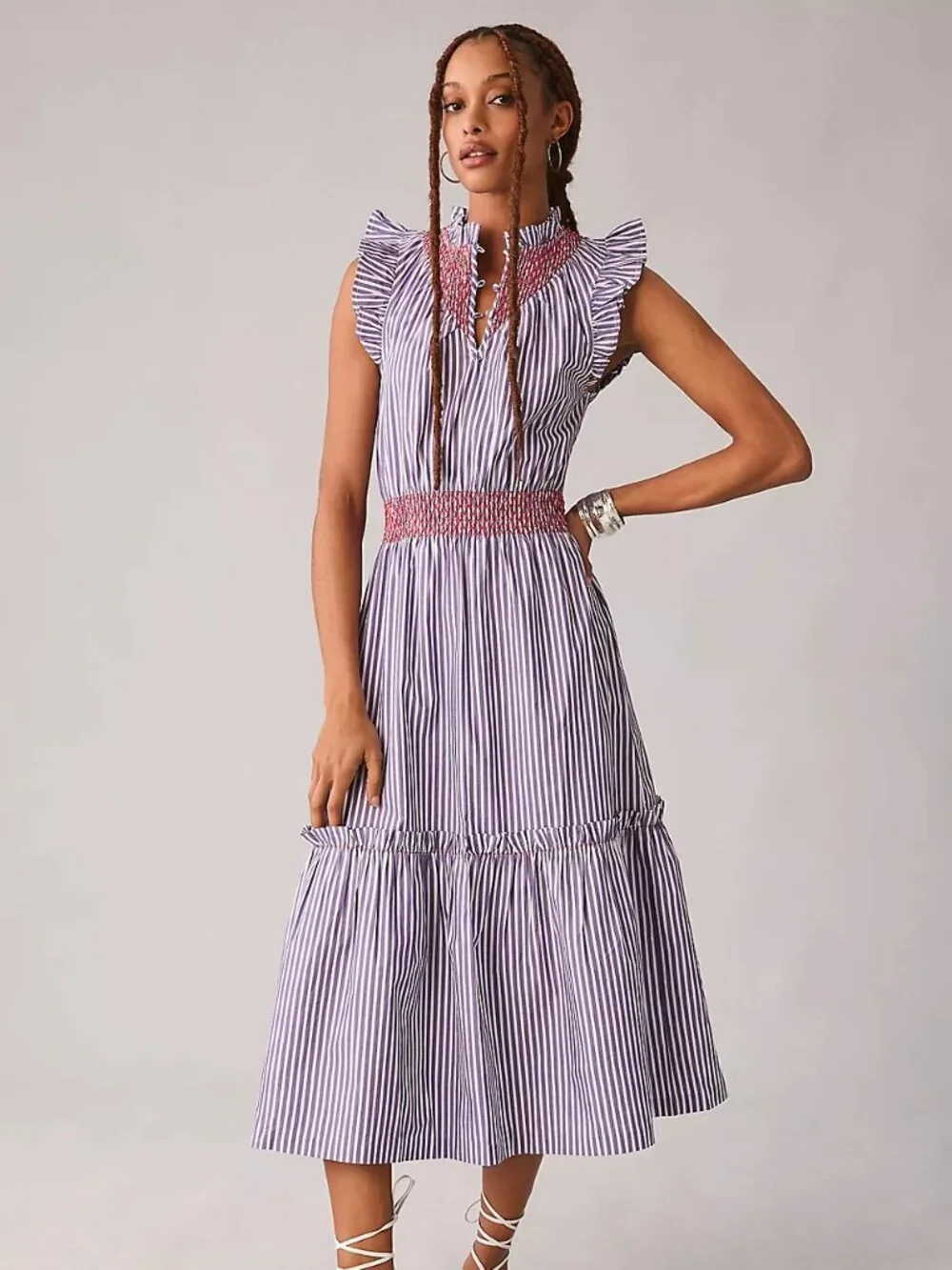 Clare V Joelle Ruffled Dress in Purple/White Stripe Size Large